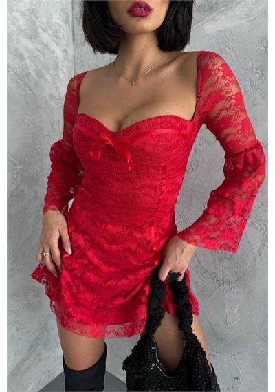 Dip Moda Kadın Kırmızı Glop Detaylı Dantel Mini Elbise Dpnbdf105 Kırmızı