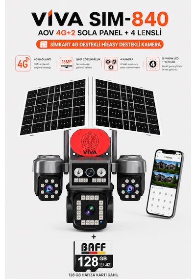 Viva Sim-840 Çift Güneş Panelli 4g Sim Kartlı Kablosuz 4 Lensli Güvenlik Kamerası 16mp Ptz 128gb Hafıza Kart Dahil Dahil