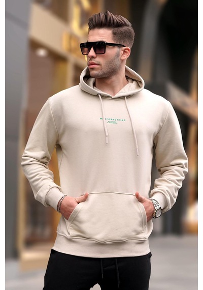 Madmext Bej Kapüşonlu Baskılı Erkek Sweatshirt 6017 Bej