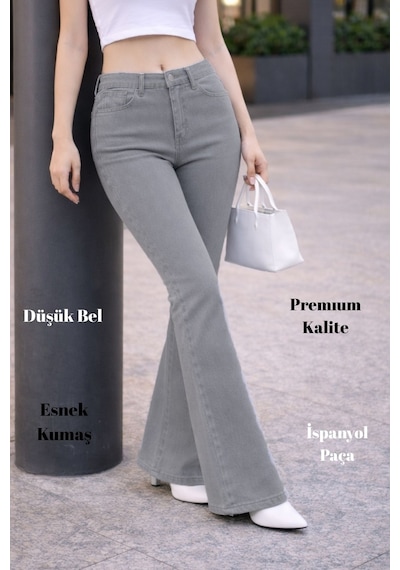Cedy Denım Yüksek Kalite Kadın 5 Cep Düşük Bel İspanyol Paça Skinnyfit Esnek Jean Pantolon C619 Taş Rengi