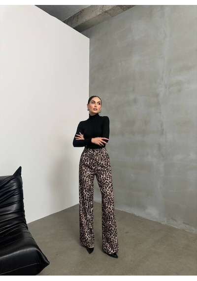 Premium Leopar Desenli Palazzo Pantolon Yüksek Bel, Oversize Bej