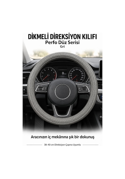 Trobus Volkswagen Touareg 2011-2018 Uyumlu Dikmeli Direksiyon Kılıfı Perfo Düz Delikli Deri Gri
