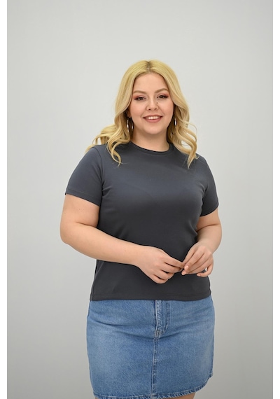 Koza Butik Kadın Büyük Beden Kısa Kollu Bisiklet Yaka Basic T-shirt 1965-25 Siyah