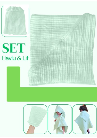 Joyous Mom Kids Organik Muslin Banyo Kese Ve Havlu Seti Mint