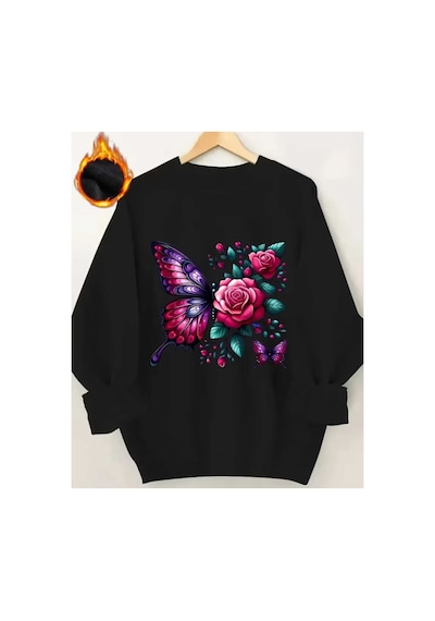 Herkesemoda Kelebek Baskı Detaylı Bisiklet Yaka Sweatshirt Siyah