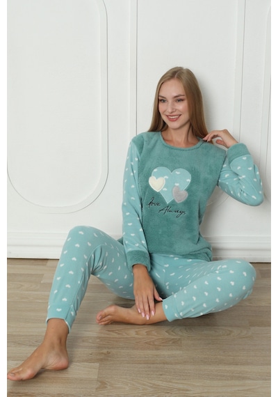Wordex Fawn 3316 Peluş Welsoft Polar Kışlık Yumoş Kalpli Kadın Pijama Takımı Yeşil