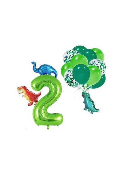 2 Yaş Dinazor Set Rakam Folyo, 3 Adet Mini Dinazor Ve 10 Lu Balon