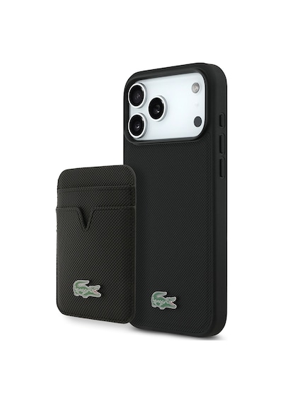Apple Uyumlu iPhone 17 Pro Max Kılıf Lacoste Lisanslı M-safeli Pu Pike Desenli Metal Logo Kartlıklı Kapak Siyah Siyah