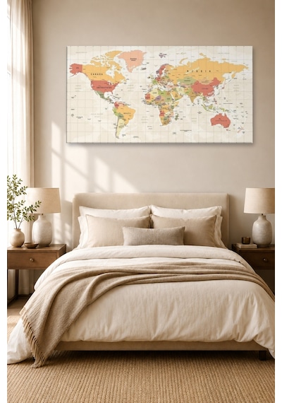 Tam Renk Dünya Haritası World Map Dekoratif Kanvas Duvar Tablosu Çok Renkli