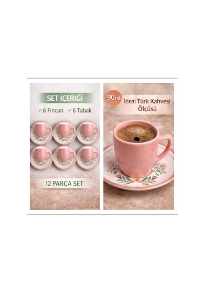 6 Kişilik Türk Kahvesi Fincanı Takımı,12 Parça,90 Ml Seramik Set,mikrodalga/bulaşık Makinesine Uygun Pembe