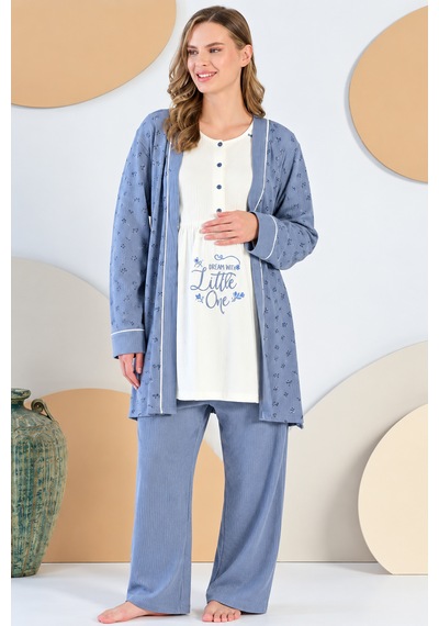Feyza 3 Lü %100 Pamuk Uzun Kol 5408 Hamile Lohusa Pijama Takımı Mavi