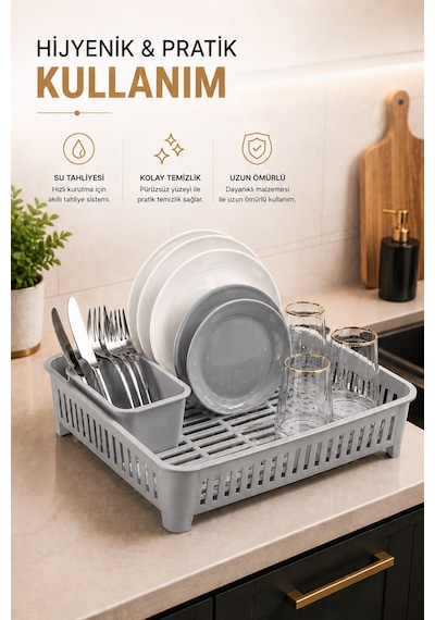 Sas Haus Bulaşıklık Tezgah Üstü Tabak Bardak Kurutmalık Plastik Bulaşık Sepeti 33x41 Cm Gri S-10567
