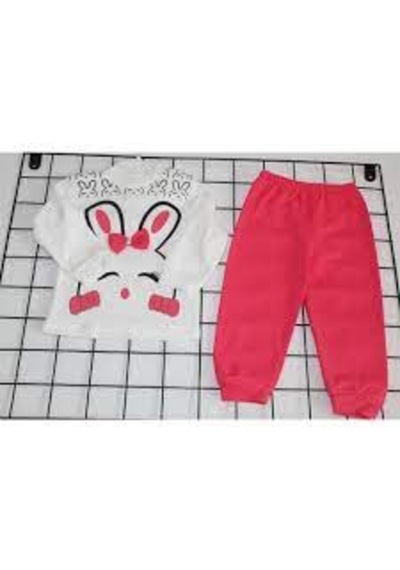 Tavşan Baskılı Kurdeleli Kız Bebek İkili Takım Pijama Takım Çok Renkli