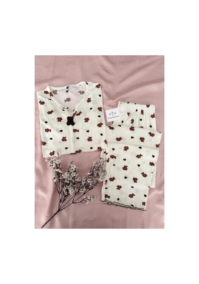 Mh Moony Homewears Loren Ayıcık Yazlık Kumaş Kısa Kol Pijama Kahverengi