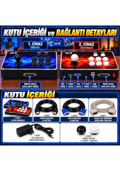30.000 Oyunlu 4k 3d Rgb Pandora Arcade Oyun Konsolu 2 Kişilik Ayrılabilir Çift Panel Hdmı Vga
