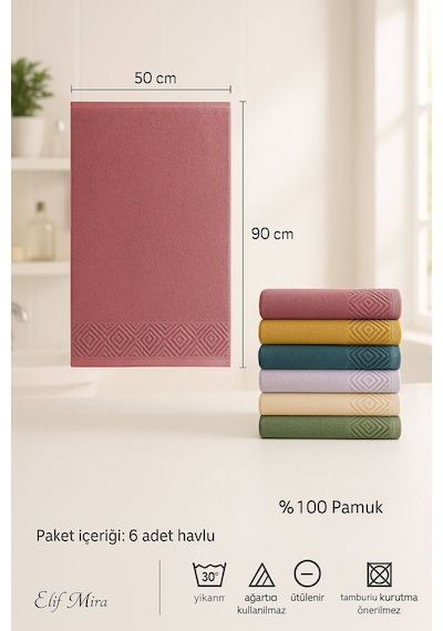 6 Lı El Yüz Havlusu Seti %100 Pamuklu 50x90 Cm Pure Cotton Indigo