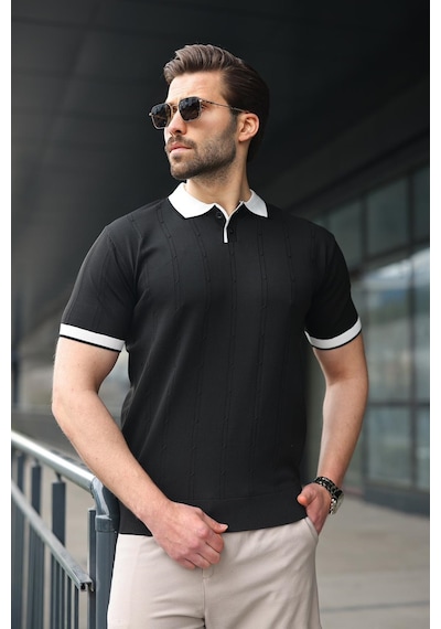 Madmext Siyah Polo Yaka Triko Erkek Tişört E7470 Siyah