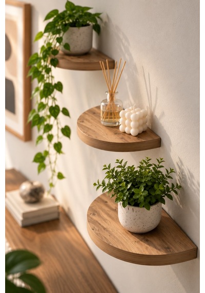 Sulorahome 3'lü Oval Duvar Rafı Ceviz Desenli 115 Cm