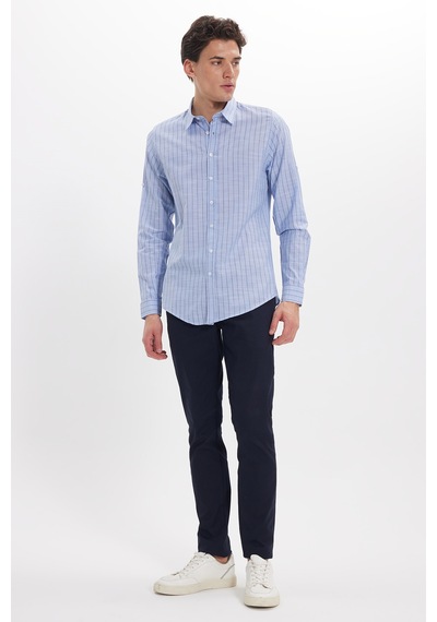Tudors Erkek Slim Fit Dar Kesim Uzun Kollu %100 Pamuk Keten Doku Çizgili Gömlek-42648 Mavi