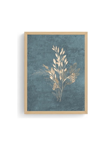 Doğal Ahşap Çerçeveli Minimal Yaprak Desenli Tablo - Mavi Huhu1089