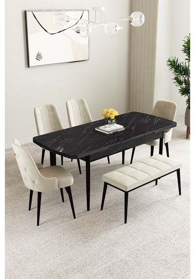Mabel Siyah Mermer Desen 80x132 Açılabilir Yemek Odası Takımı 4 Sandalye, 1 Bench Krem Mabel Siyah Mermer Desen 80x132 Açılabilir Yemek Odası Takımı 4 Sandalye, 1 Bench Krem
