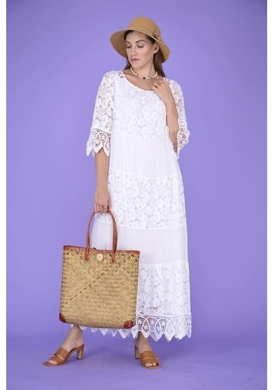 Eren Style İtalyan Sunshine İpek Detaylı Dantelli Elbise-9033 Beyaz