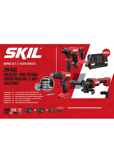 Skil Kombo Set 3 3851CA 20V Max Sds Delici + 3930CB Avuç Taşlama + 3075CA Matkap Vidalama + 3110AA 2.5AH Akü + Şarj Cihazı +2 Adet 4AH Li Batarya 3137AA
