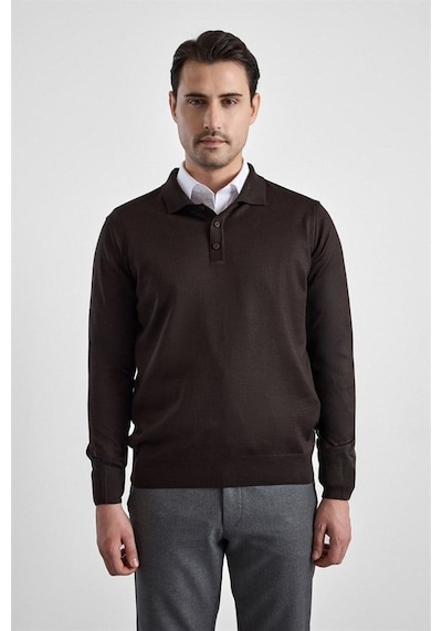 Süvari Koyu Kahve Regular Düz Fermuarlı Polo Yaka Kazak Tr2013700484-kh9