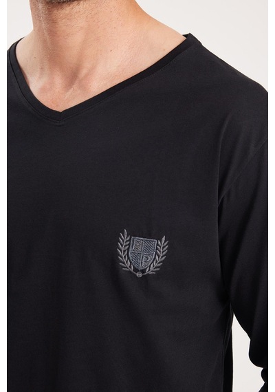 Tudors Erkek Standart Fit %100 Pamuk V Yaka Beli Lastikli Siyah Pijama Takımı-37939 Siyah