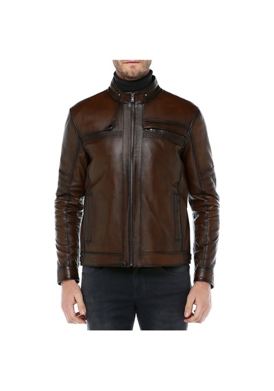 Dericlub Arthur Erkek Dik Yaka Slim Fit Gerçek Deri Mont Camel Antik