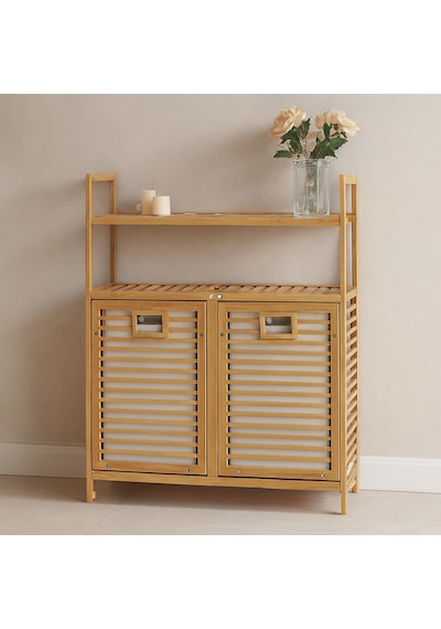Bambu Kirli Çamaşır Sepeti 2 Bölmeli 2 Kat Organizer 80x33x87 Cm Açık Ahşap