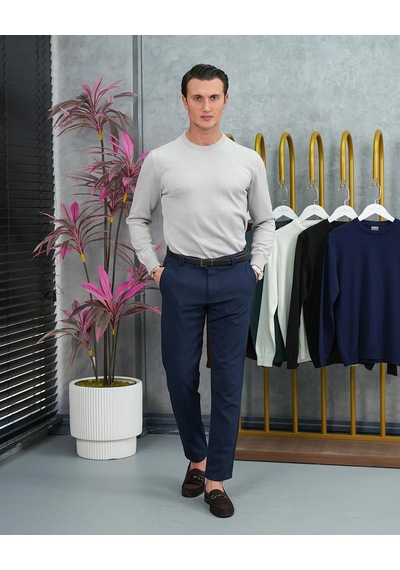 Modefendi Slim Fit Kalıp Pamuk Likra Sade Bisiklet Yaka Triko Kazak Gri