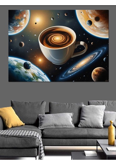 Uzayda Kahve Keyfi Astronomi Tablo Dekoratif Kanvas - Mdf Ahşap Tablo