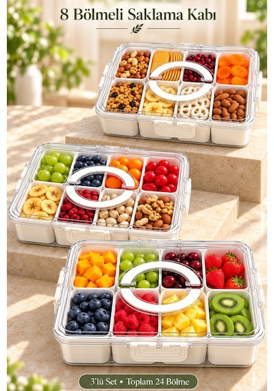 Tilbe Home 3lü 8 Bölmeli Kahvaltı Takımı Kilit Kapaklı Taşınabilir Saklama Kabı Organizer Piknik Set Beyaz