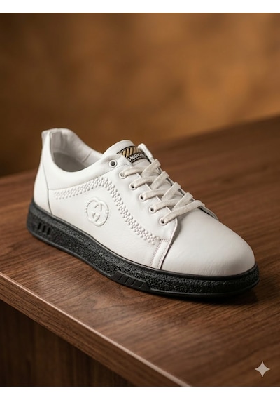 Baloğlu 1980 Beyaz-siyah Hakiki Deri Günlük Erkek Sneaker Ayakkabı Beyaz