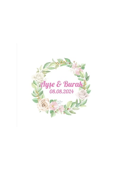 Altın Halkalı Yaprak Çelenk Etiketi Kına Nişan Düğün 3x3 Cm Özel Etiket / 50 Adet Sticker Beyaz