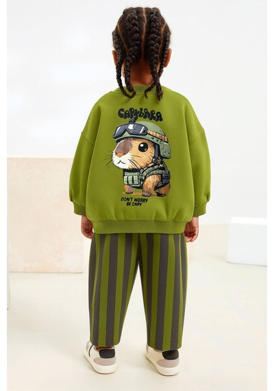 Kız Çocuk Capybara Desen Yeşil Renk Sweatshirt Çizgili Jogger Alt Üst Takım Yeşil