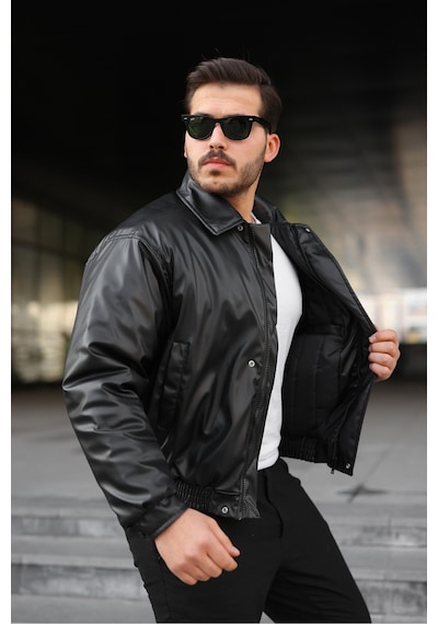 Unisex Oversize Deri Dolgulu Ceket/mont Siyah Deri Kapitone