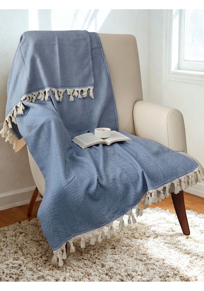 %100 Pamuk Koltuk Örtüsü - Çok Amaçlı Koltuk Şalı, Pike, Piknik Örtüsü-170x220cm Mavı Mavi