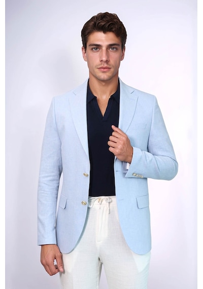 Açık Mavi Keten Dokulu Gold Renk Metal Düğmeli Slim Fit Erkek Blazer Ceket - Wessi Blue