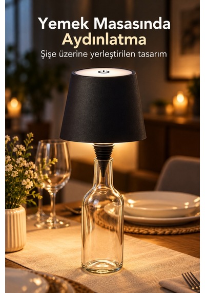 Modern Masa Lambası Şişe Üstü Siyah Abajur Başlığı Standart