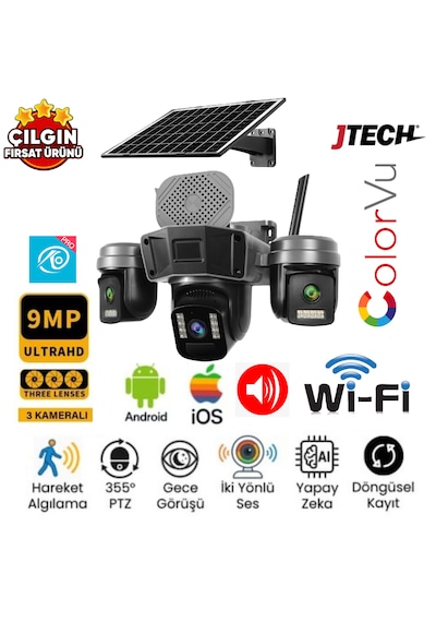 O-kam 5210 3mp+3mp+3mp 9mp Wi-fi Solar Panelli 3 Lens Alert 1 Ptz Akıllı Kamera