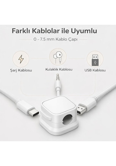 Manyetik 6'lı Kablo Tutucu Düzenleyici Organizer Klips Beyaz Standart