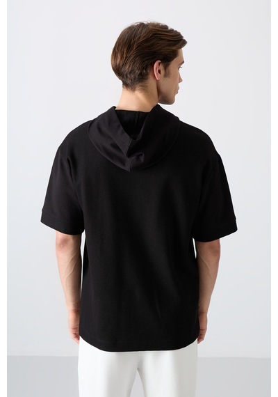 Tommy Life Siyah Pamuklu Kalın Yüzeyi Dokulu Oversize Fit Basic Erkek T-shirt - 88335 Siyah