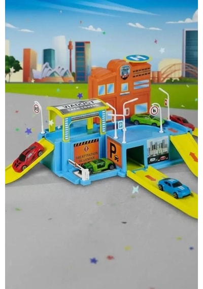 Junior Wheels Şehir Otoparkı 2 Katlı Oyuncak Araba Otopark Seti 1 Araç Ve 6 Trafik Levhası Hediyeli Çok Renkli