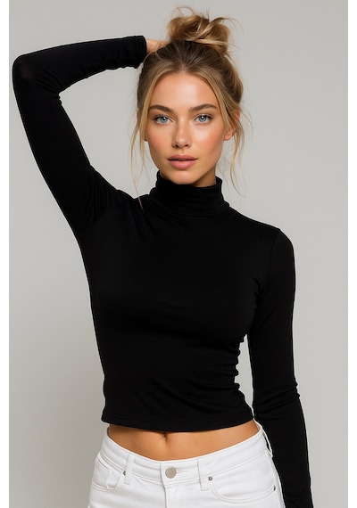 Rich Kadın Siyah Yarım Balıkçı Yaka Uzun Kollu Crop Bluz Siyah