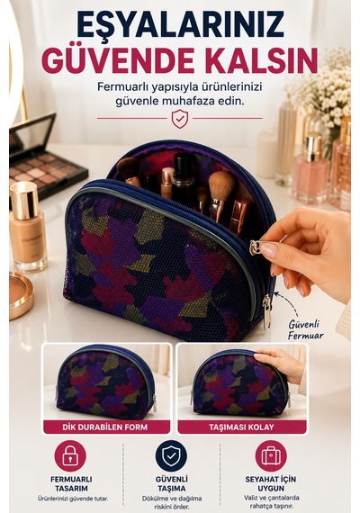 Geniş Bölmeli Makyaj Çantası File Detaylı Seyahat Kozmetik Organizer Kamuflaj Desenli Çanta