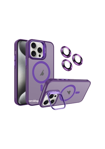 İphone 16 Pro Max Uyumlu Kılıf Açılır Kamera Stand Magsafeli Mat Renkli Şeffaf + Lens Koruyucu Set mor