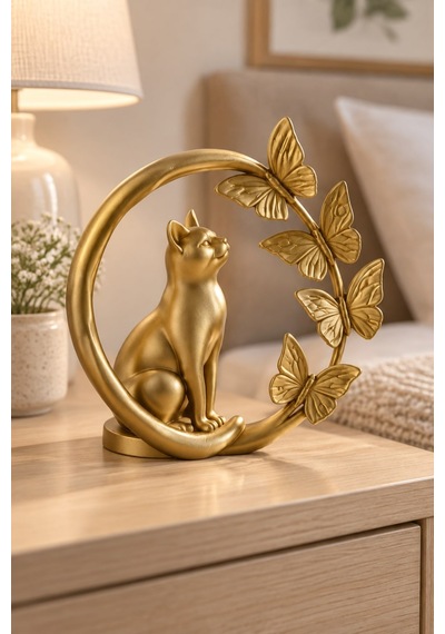 Kelebeklerle Çevrili Zarif Kedi Figürlü Dekoratif Biblo 93965235