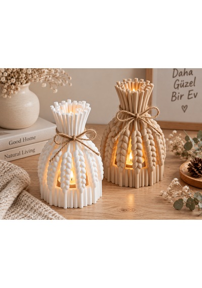 Başak Dekoratif Desenli Tealight Mumluk Feneri Bej